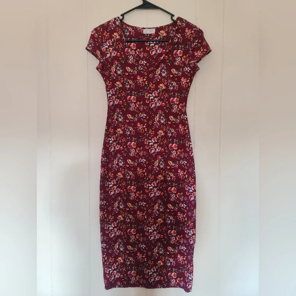 See You Monday Red Burgundy Floral Print Bodycon Midi Dress - Picture 1 of 4